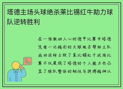 塔德主场头球绝杀莱比锡红牛助力球队逆转胜利 塔德主场头球绝杀莱比锡红牛助力球队逆转胜利