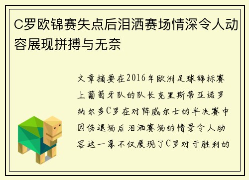 C罗欧锦赛失点后泪洒赛场情深令人动容展现拼搏与无奈